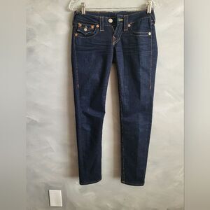True Religion Skinny Capri Low Rise Y2k 00s Dark Denim Size 25 Flap Pockets